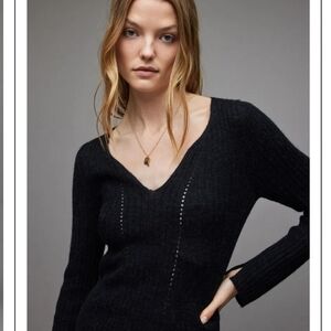 All Saints Black Wool Alpaca Blend V-Neck Rhoda Jumper Sweater